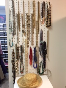A pegboard for necklaces, so they are in full view.